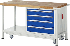 Werkbank mit absenkbarem Fahrgestell Modell 8262, B 1500xT 700xH 880mm, Buche-Massiv-Platte 40mm