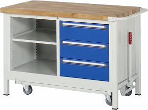 Werkbank mit absenkbarem Fahrgestell Modell 8462, B 1250xT 700xH 880mm, Buche-Massiv-Platte 40mm
