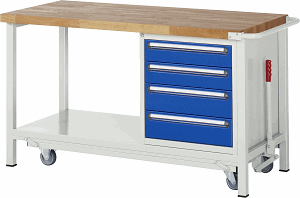 Werkbank mit absenkbarem Fahrgestell Modell 8162, B 1500xT 700xH 880mm, Buche-Massiv-Platte 40mm