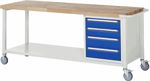 Fahrbare Werkbank Modell 8162, B 2000xT 700xH 880-1080mm, Buche-Massiv-Platte 40mm