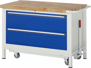 Werkbank mit absenkbarem Fahrgestell Modell 8355, B 1250xT 700xH 880mm, Buche-Massiv-Platte 40mm