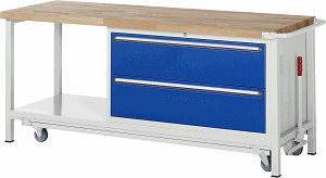 Werkbank mit absenkbarem Fahrgestell Modell 8355, B 2000xT 700xH 880mm, Buche-Massiv-Platte 40mm
