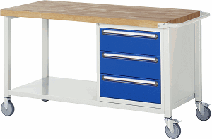 Fahrbare Werkbank Modell 8157, B 1500xT 700xH 880-1080mm, Buche-Massiv-Platte 40mm