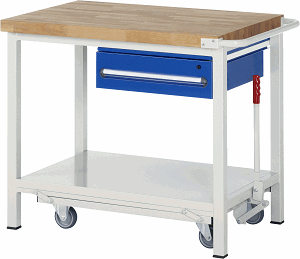 Werkbank mit absenkbarem Fahrgestell Modell 8001, B 1000xT 700xH 880mm, Buche-Massiv-Platte 40mm