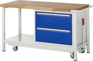 Werkbank mit absenkbarem Fahrgestell Modell 8255, B 1500xT 700xH 880mm, Buche-Massiv-Platte 40mm