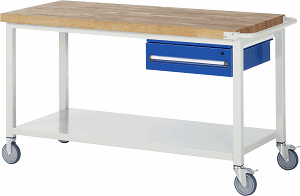 Fahrbare Werkbank Modell 8001, B 1500xT 700xH 880-1080mm, Buche-Massiv-Platte 40mm