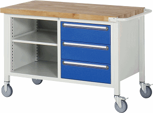 Fahrbare Werkbank Modell 8462, B 1250xT 700xH 880-1080mm, Buche-Massiv-Platte 40mm