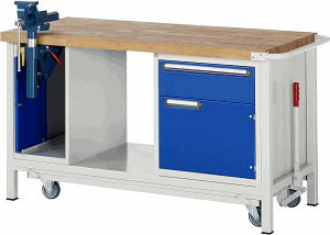 Werkbank mit absenkbarem Fahrgestell Modell 8181, B 1500xT 700xH 880mm, Buche-Massiv-Platte 40mm