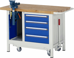 Werkbank mit absenkbarem Fahrgestell Modell 8185, B 1250xT 700xH 880mm, Buche-Massiv-Platte 40mm