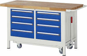 Werkbank mit absenkbarem Fahrgestell Modell 8477, B 1500xT 700xH 880mm, Buche-Massiv-Platte 40mm