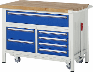 Werkbank mit absenkbarem Fahrgestell Modell 8921, B 1250xT 700xH 880mm, Buche-Massiv-Platte 40mm
