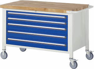 Fahrbare Werkbank Modell 8371, B 1250xT 700xH 880-1080mm, Buche-Massiv-Platte 40mm