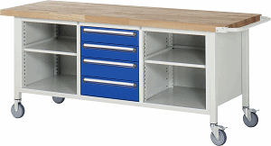 Fahrbare Werkbank Modell 8566, B 2000xT 700xH 880mm, Buche-Massiv-Platte 40mm