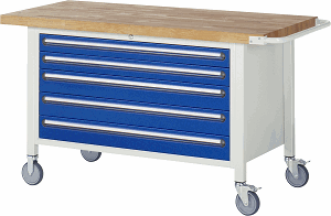 Fahrbare Werkbank Modell 8371, B 1500xT 700xH 880-1080mm, Buche-Massiv-Platte 40mm