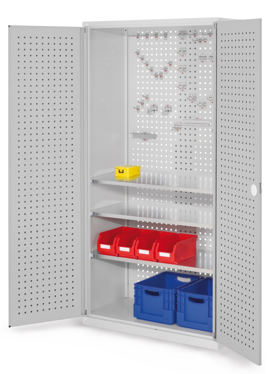 Werkzeugschrank, 1950x1000x500 mm HxBxT, mit Lochplattentüren, 3 Fachböden, Korpus RAL 7035 lichtgrau, Türen RAL 7035 lichtgrau