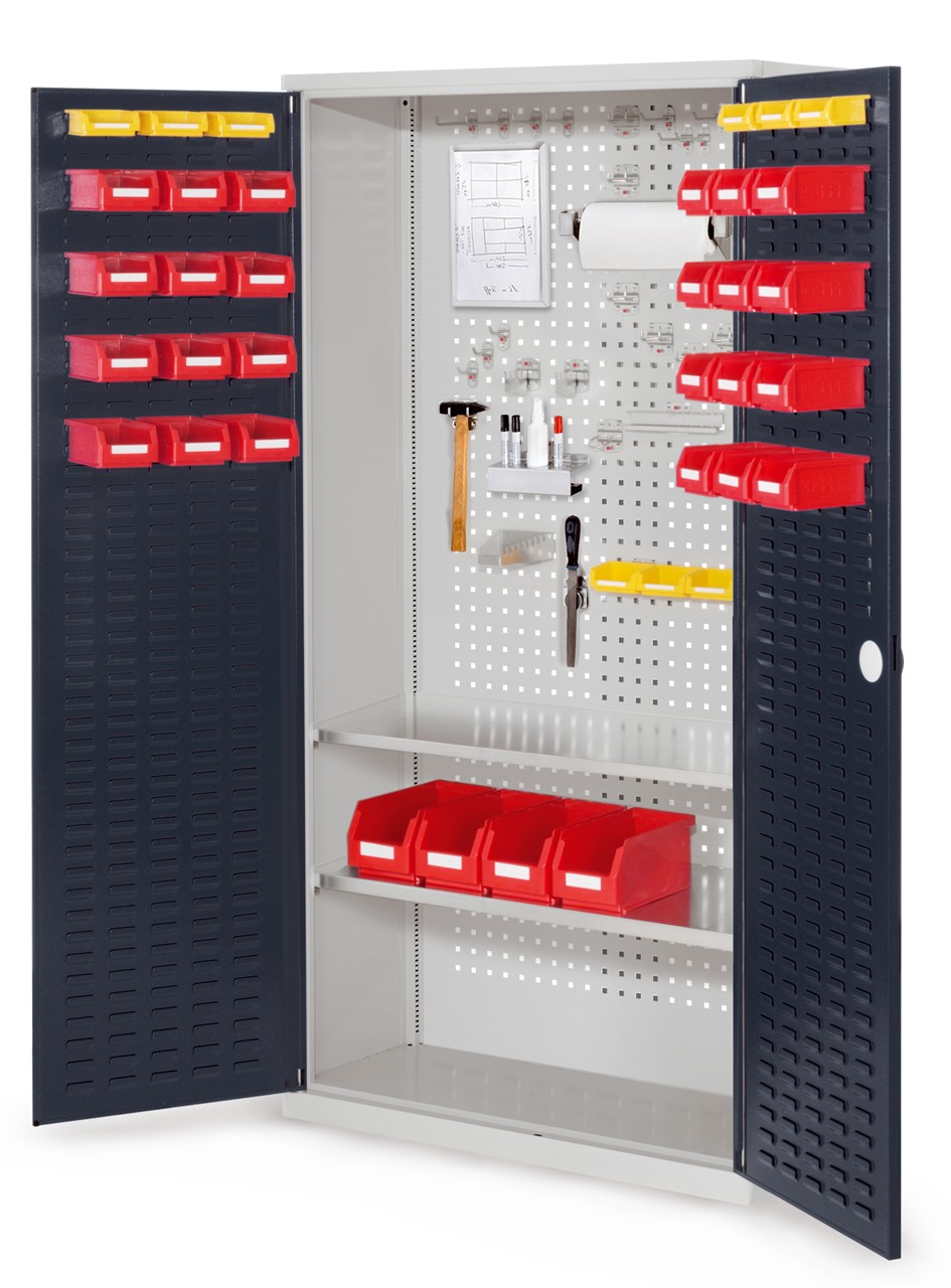 Werkzeugschrank, 1950x1000x410 mm HxBxT, mit Schlitzplattentüren, 2 Fachböden, Korpus RAL 7035 lichtgrau, Türen RAL 7016 anthrazitgrau