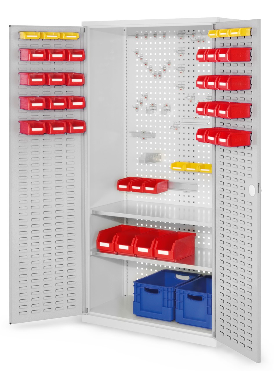 Werkzeugschrank, 1950x1000x500 mm HxBxT, mit Schlitzplattentüren, 2 Fachböden, Korpus RAL 7035 lichtgrau, Türen RAL 7035 lichtgrau