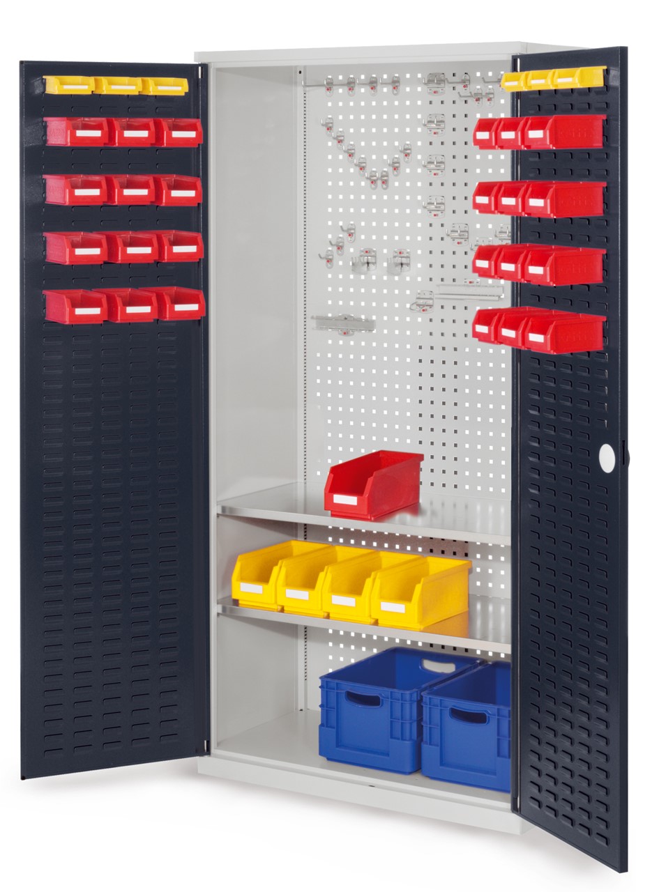 Werkzeugschrank, 1950x1000x500 mm HxBxT, mit Schlitzplattentüren, 2 Fachböden, Korpus RAL 7035 lichtgrau, Türen RAL 7016 anthrazitgrau