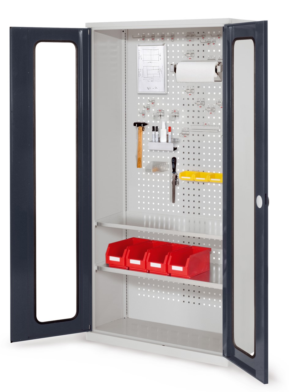 Werkzeugschrank, 1950x1000x410 mm HxBxT, mit Sichtfenstertüren, 2 Fachböden, Korpus RAL 7035 lichtgrau, Türen RAL 7016 anthrazitgrau