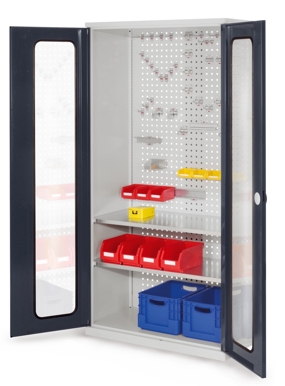 Werkzeugschrank, 1950x1000x500 mm HxBxT, mit Sichtfenstertüren, 2 Fachböden, Korpus RAL 7035 lichtgrau, Türen RAL 7016 anthrazitgrau
