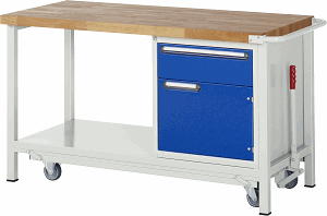 Werkbank mit absenkbarem Fahrgestell Modell 8152, B 1500xT 700xH 880mm, Buche-Massiv-Platte 40mm