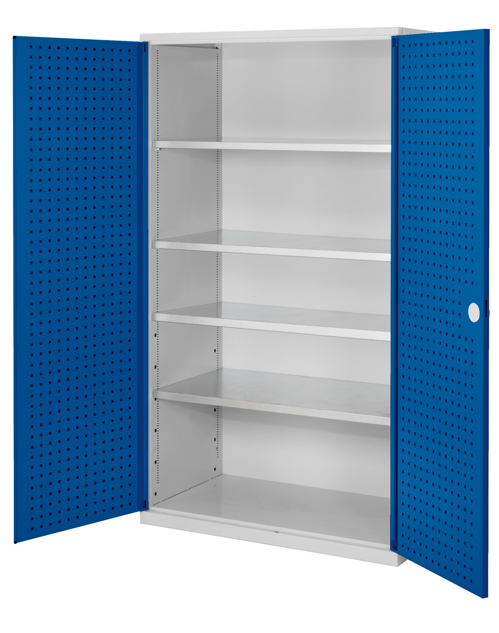 Grossvolumenschrank 1950x1130x590 mm HxBxT, Korpus RAL 7035 lichtgrau, Türen RAL 5010 enzianblau