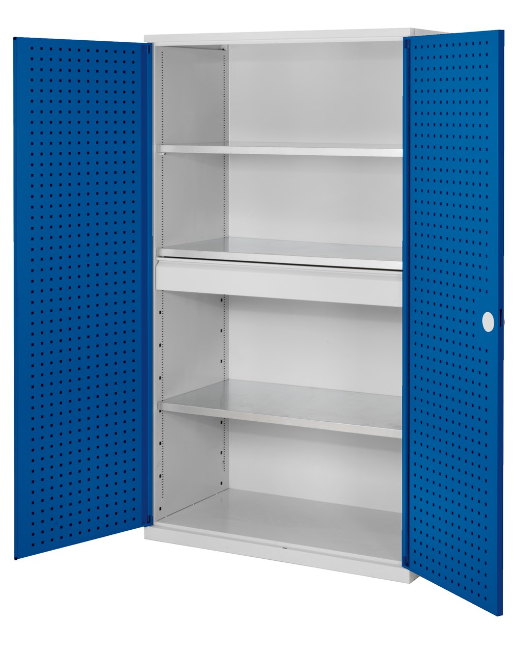 Grossvolumenschrank 1950x1130x590 mm HxBxT, Korpus RAL 7035 lichtgrau, Türen RAL 5010 enzianblau
