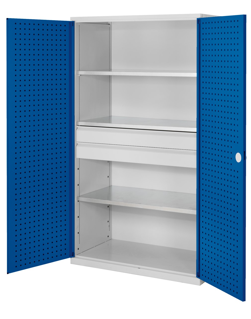 Grossvolumenschrank 1950x1130x590 mm HxBxT, Korpus RAL 7035 lichtgrau, Türen RAL 5010 enzianblau