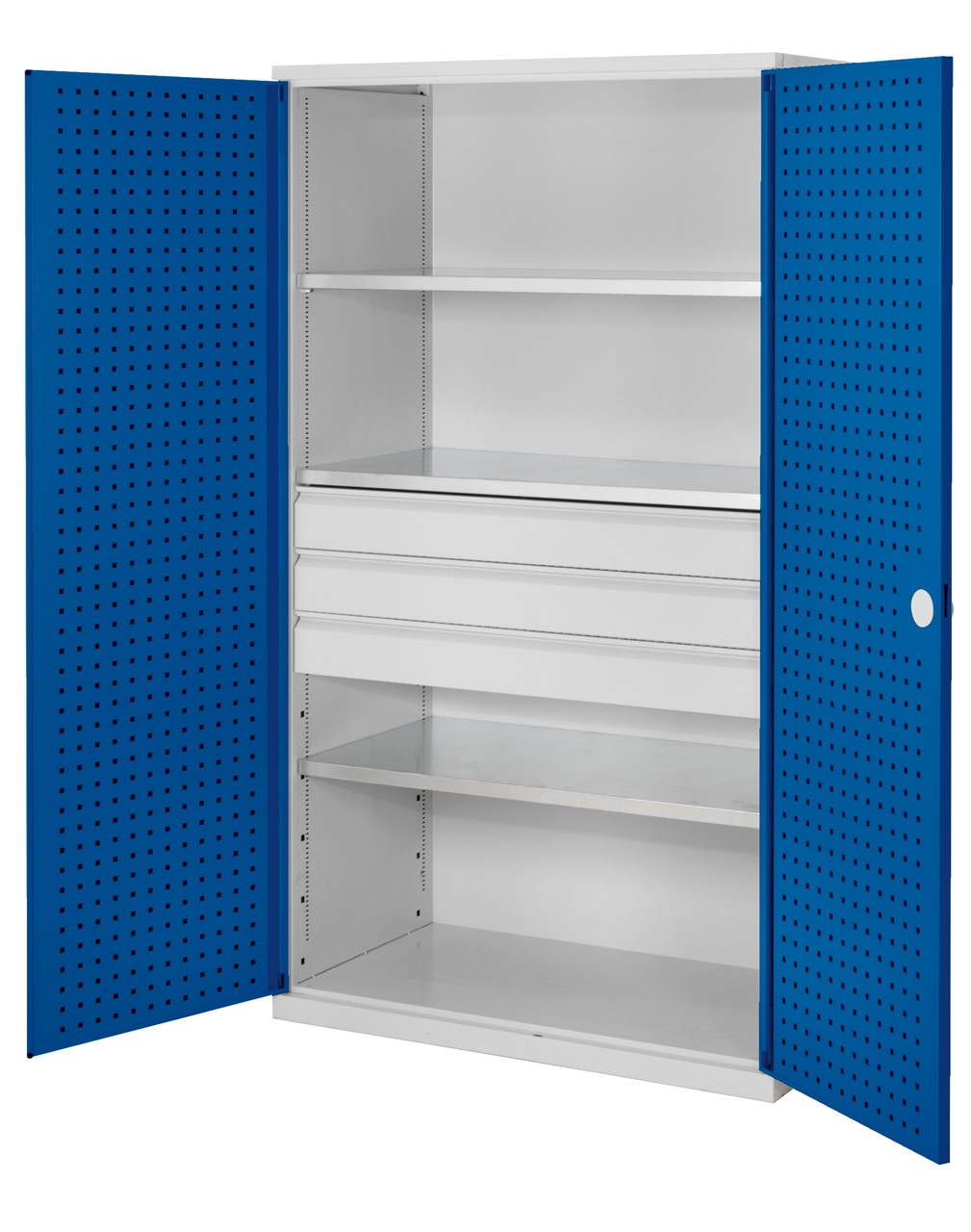 Grossvolumenschrank 1950x1130x590 mm HxBxT, Korpus RAL 7035 lichtgrau, Türen RAL 5010 enzianblau