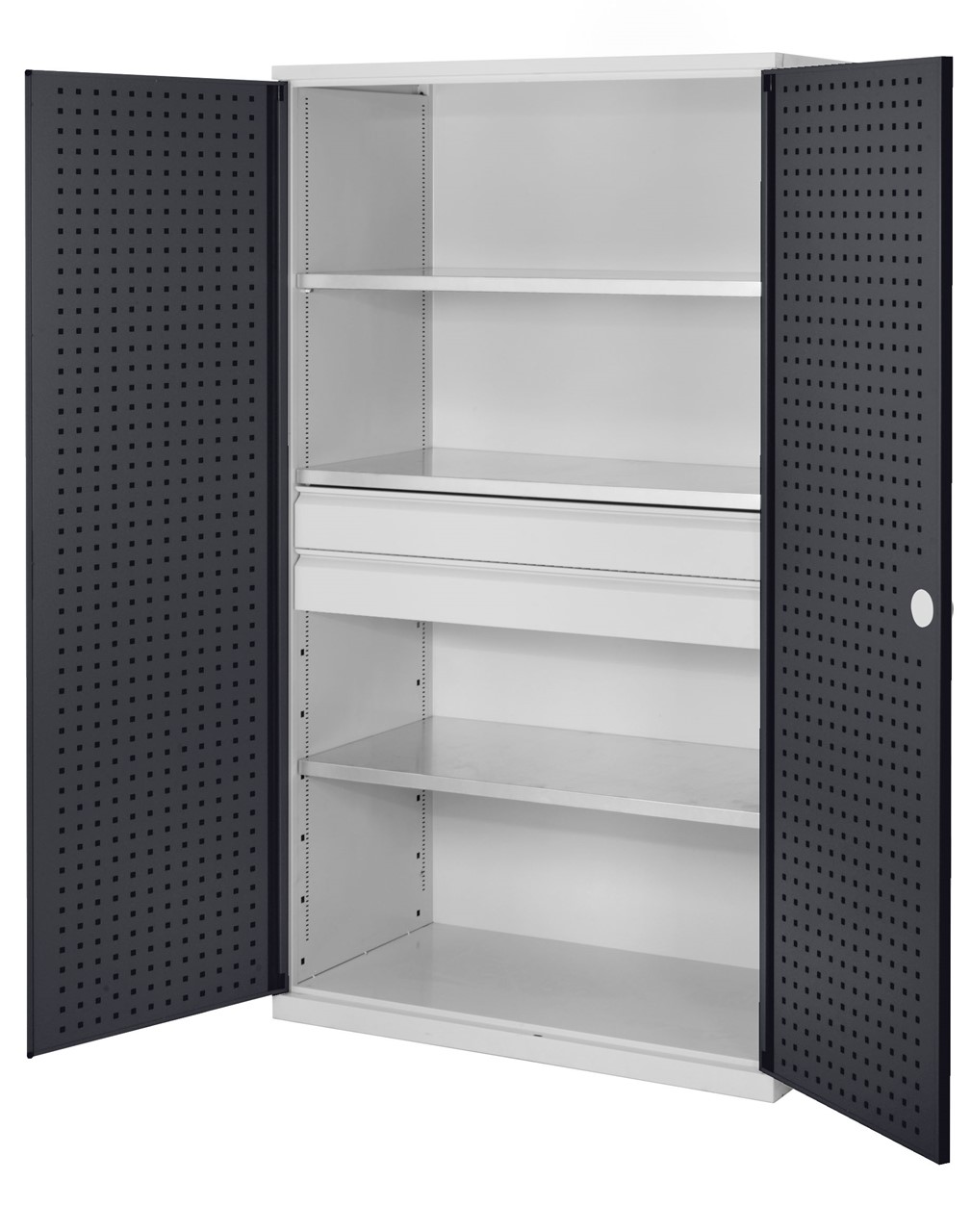 Grossvolumenschrank 1950x1130x590 mm HxBxT, Korpus RAL 7035 lichtgrau, Türen RAL 7016 anthrazitgrau