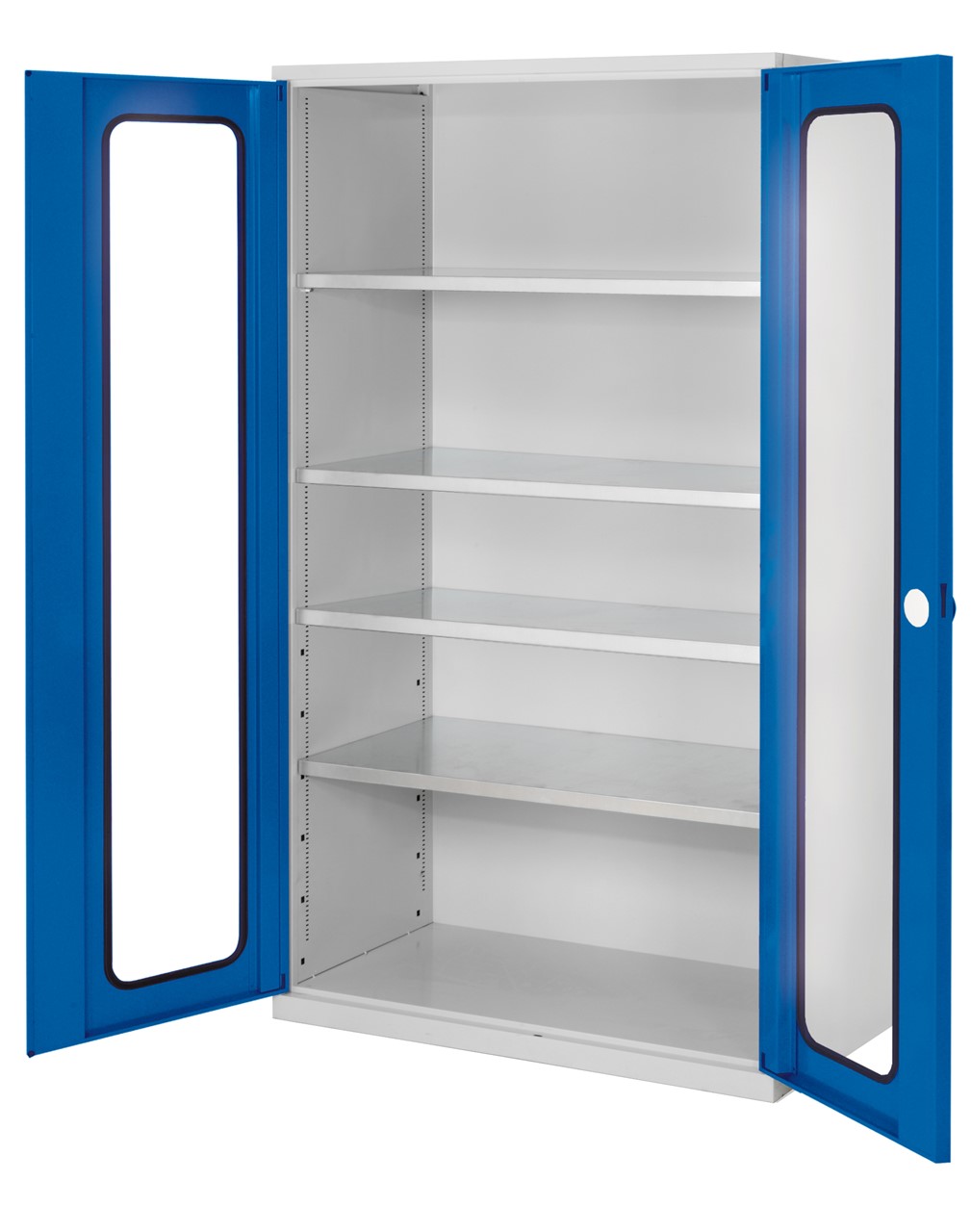 Grossvolumenschrank 1950x1130x590 mm HxBxT, Korpus RAL 7035 lichtgrau, Türen RAL 5010 enzianblau