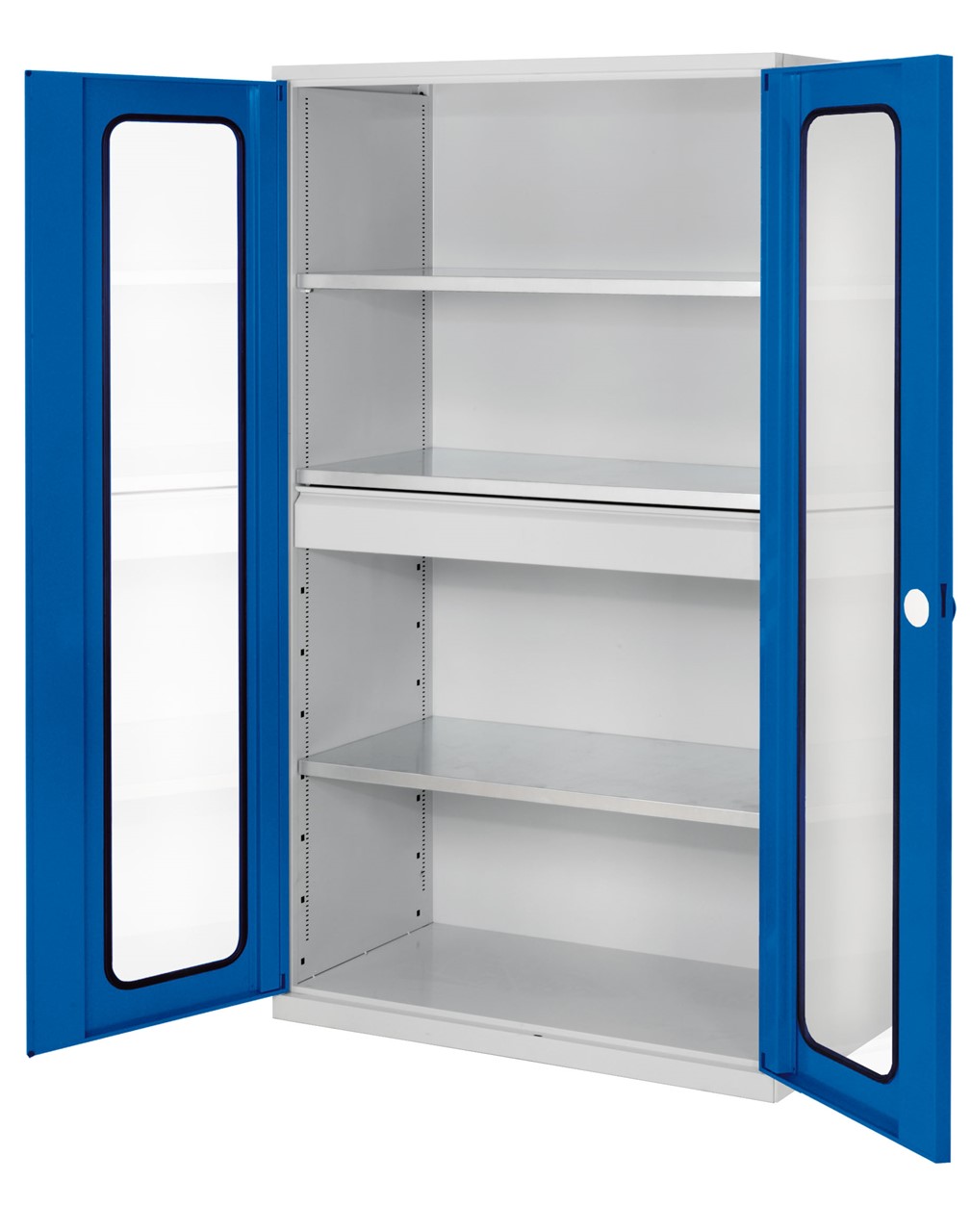 Grossvolumenschrank 1950x1130x590 mm HxBxT, Korpus RAL 7035 lichtgrau, Türen RAL 5010 enzianblau
