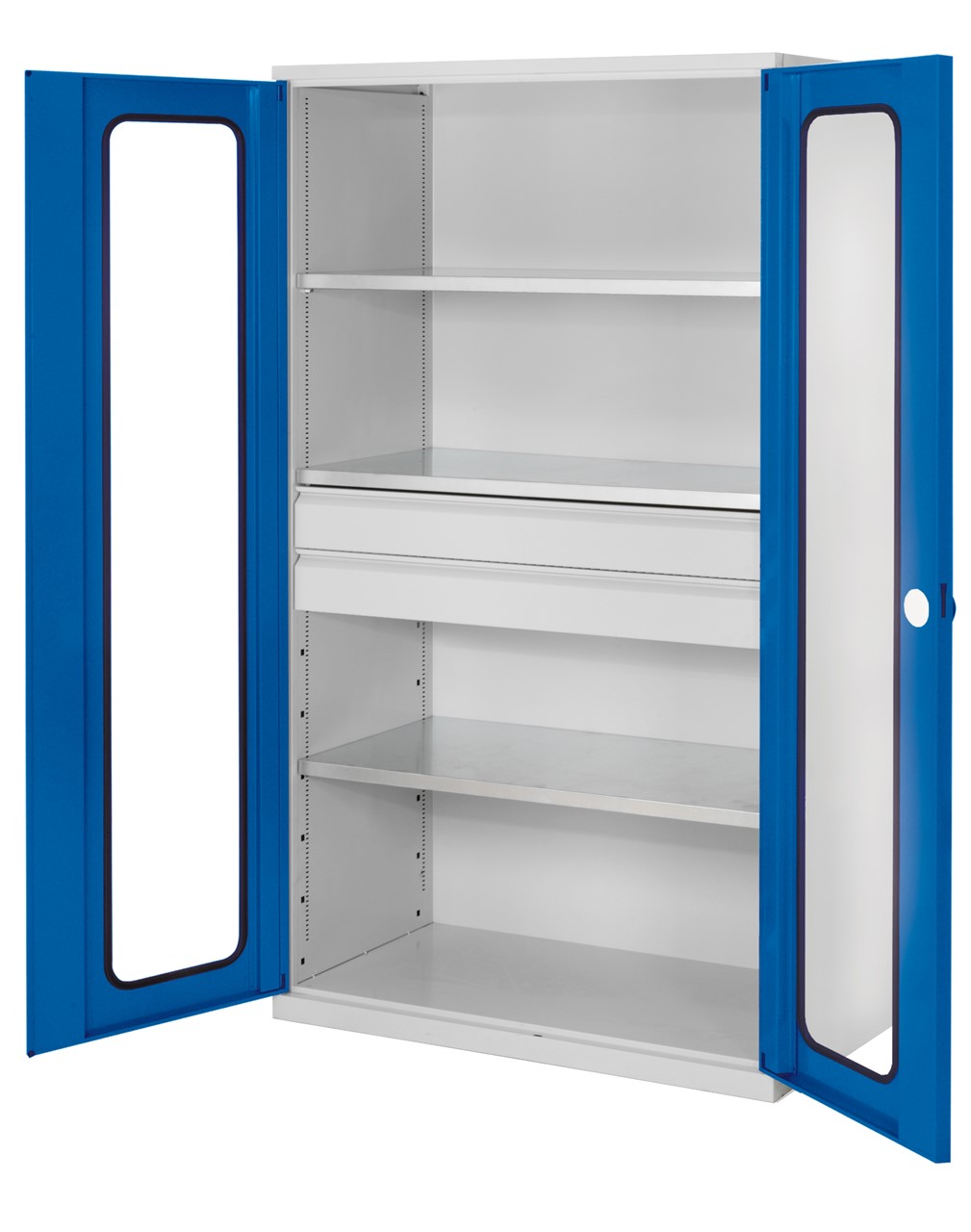 Grossvolumenschrank 1950x1130x590 mm HxBxT, Korpus RAL 7035 lichtgrau, Türen RAL 5010 enzianblau