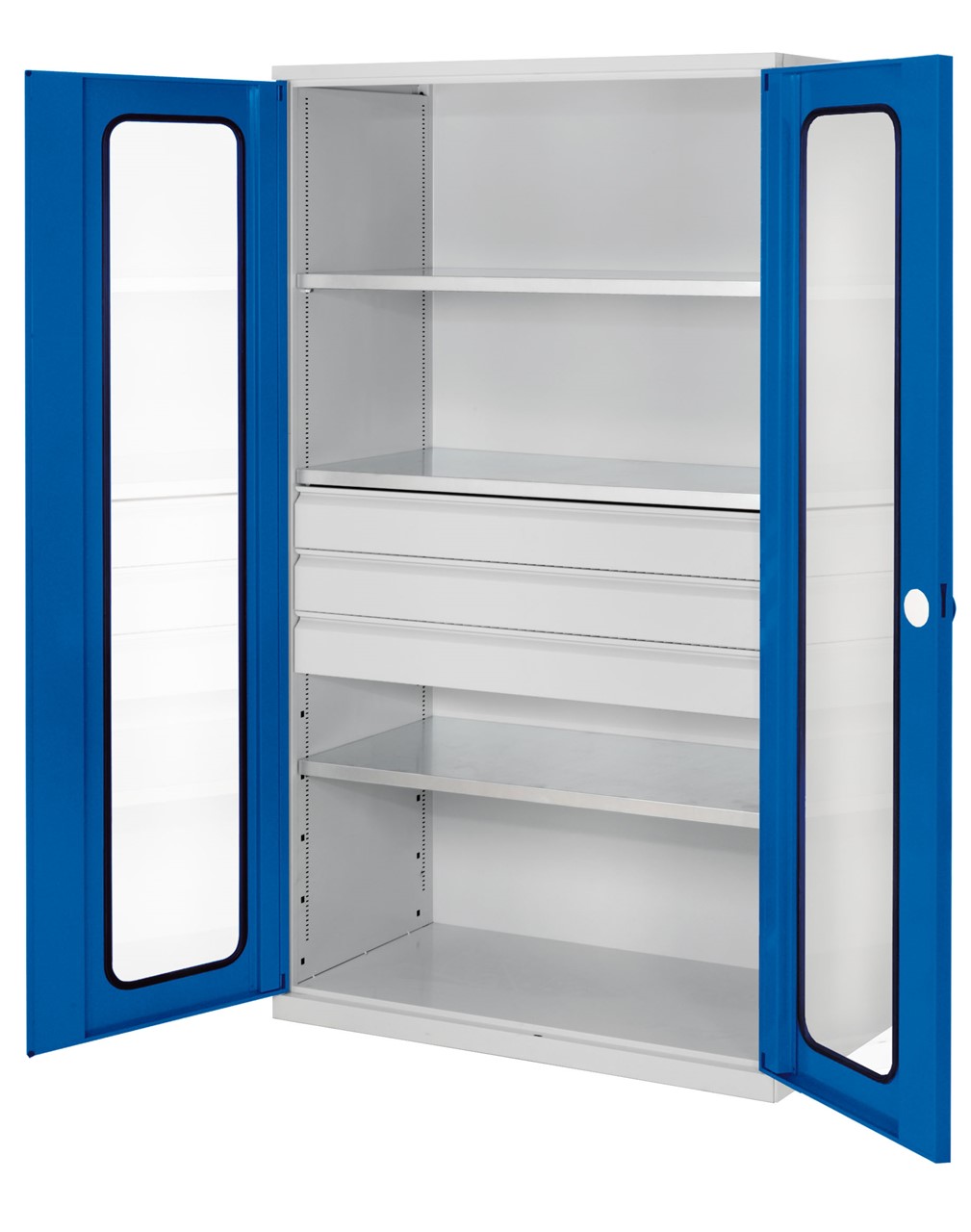 Grossvolumenschrank 1950x1130x590 mm HxBxT, Korpus RAL 7035 lichtgrau, Türen RAL 5010 enzianblau