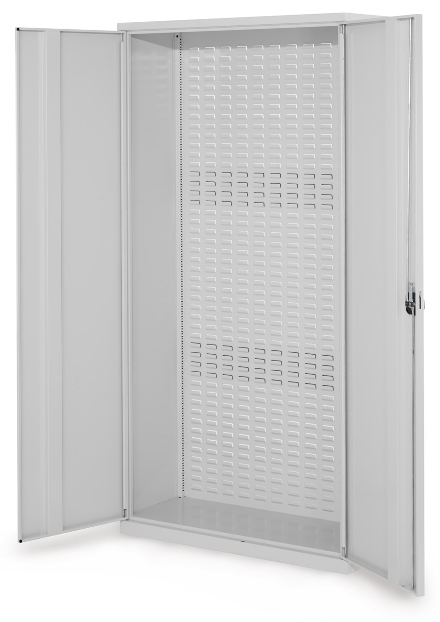 Schlitzplattenschrank mit Vollblechtüren, 1950x1000x410 mm HxBxT, Korpus RAL 7035 lichtgrau, Türen RAL 7035 lichtgrau