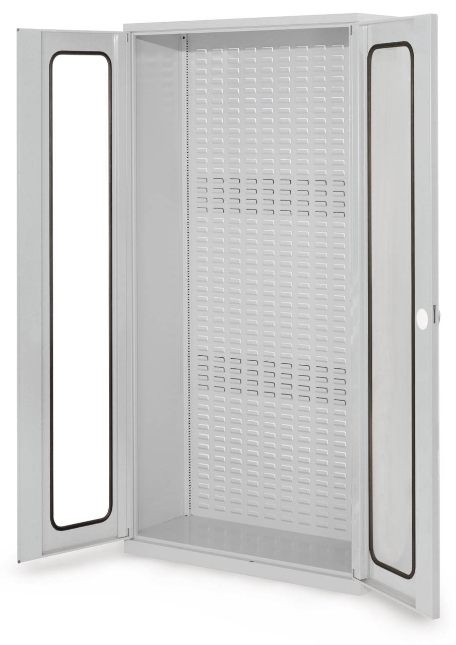 Schlitzplattenschrank mit Sichtfenstertüren, 1950x1000x410 mm HxBxT, Korpus RAL 7035 lichtgrau, Türen RAL 7035 lichtgrau