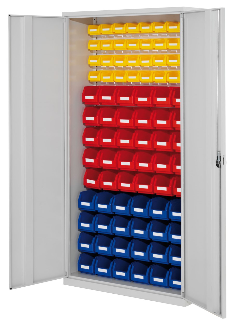 Schlitzplattenschrank mit Vollblechtüren, 1950x1000x410 mm HxBxT, Modell 51, Korpus RAL 7035 lichtgrau, Türen RAL 7035 lichtgrau