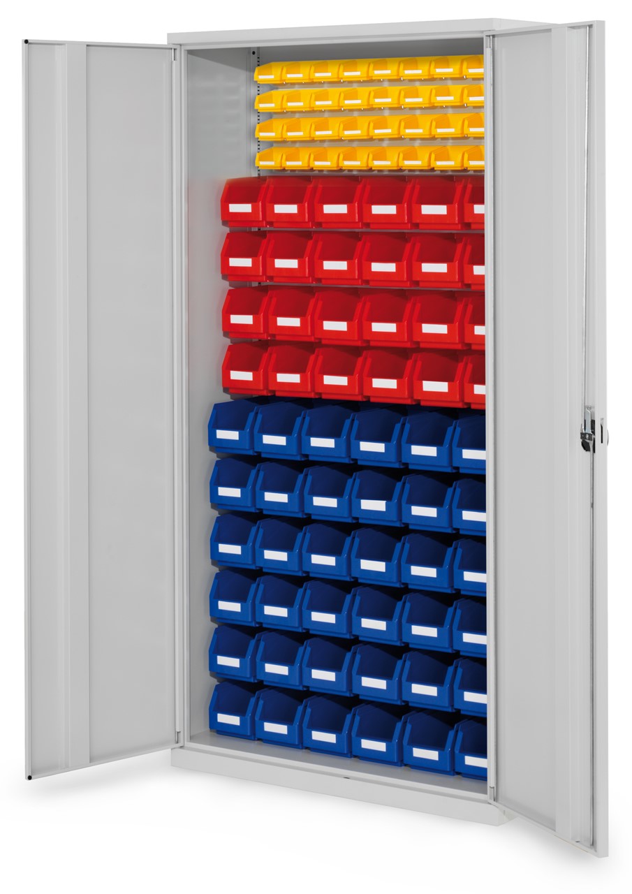 Schlitzplattenschrank mit Vollblechtüren, 1950x1000x410 mm HxBxT, Modell 57, Korpus RAL 7035 lichtgrau, Türen RAL 7035 lichtgrau