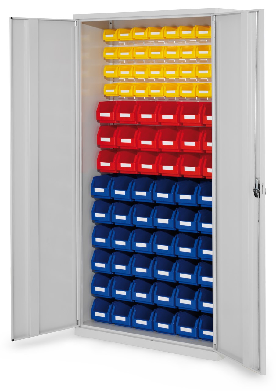 Schlitzplattenschrank mit Vollblechtüren, 1950x1000x410 mm HxBxT, Modell 55, Korpus RAL 7035 lichtgrau, Türen RAL 7035 lichtgrau