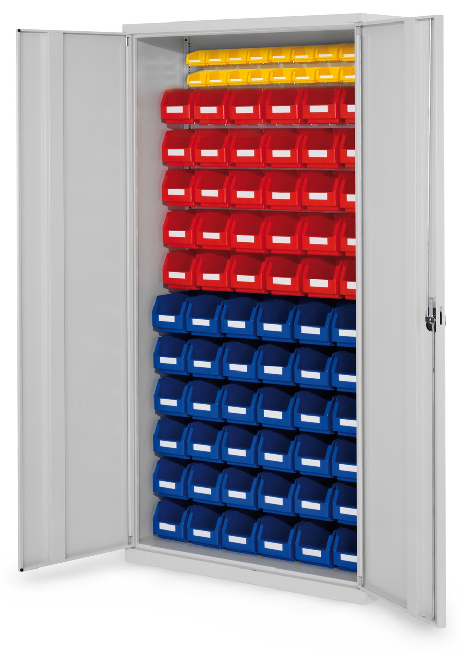 Schlitzplattenschrank mit Vollblechtüren, 1950x1000x410 mm HxBxT, Modell 58, Korpus RAL 7035 lichtgrau, Türen RAL 7035 lichtgrau