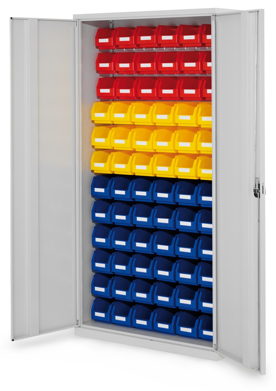 Schlitzplattenschrank mit Vollblechtüren, 1950x1000x410 mm HxBxT, Modell 56, Korpus RAL 7035 lichtgrau, Türen RAL 7035 lichtgrau