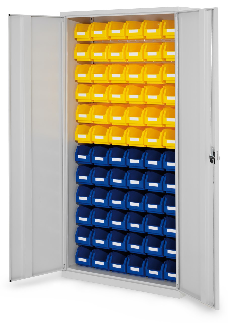 Schlitzplattenschrank mit Vollblechtüren, 1950x1000x410 mm HxBxT, Modell 53, Korpus RAL 7035 lichtgrau, Türen RAL 7035 lichtgrau