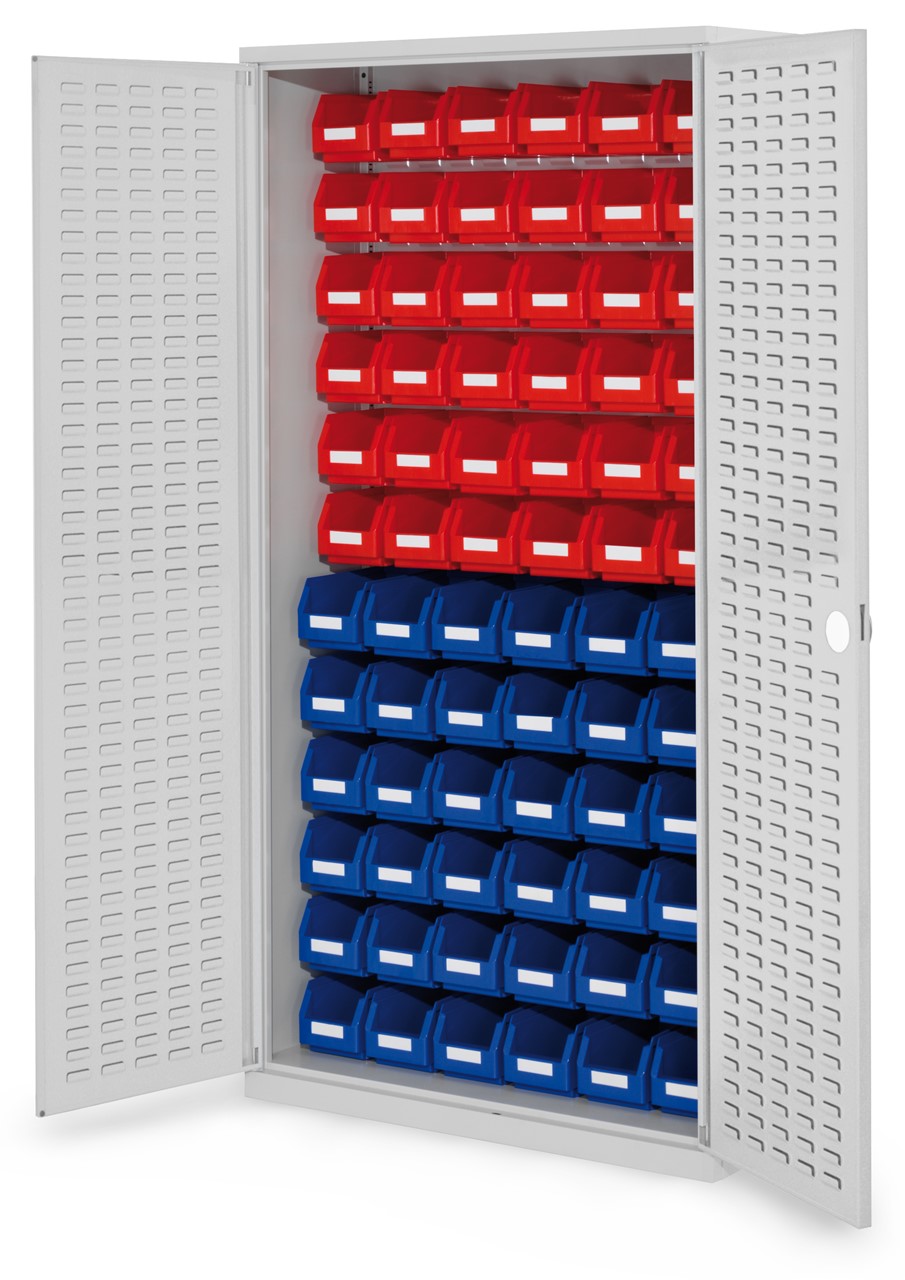 Schlitzplattenschrank mit Schlitzplattentüren, 1950x1000x410 mm HxBxT, Modell 52, Korpus RAL 7035 lichtgrau, Türen RAL 7035 lichtgrau