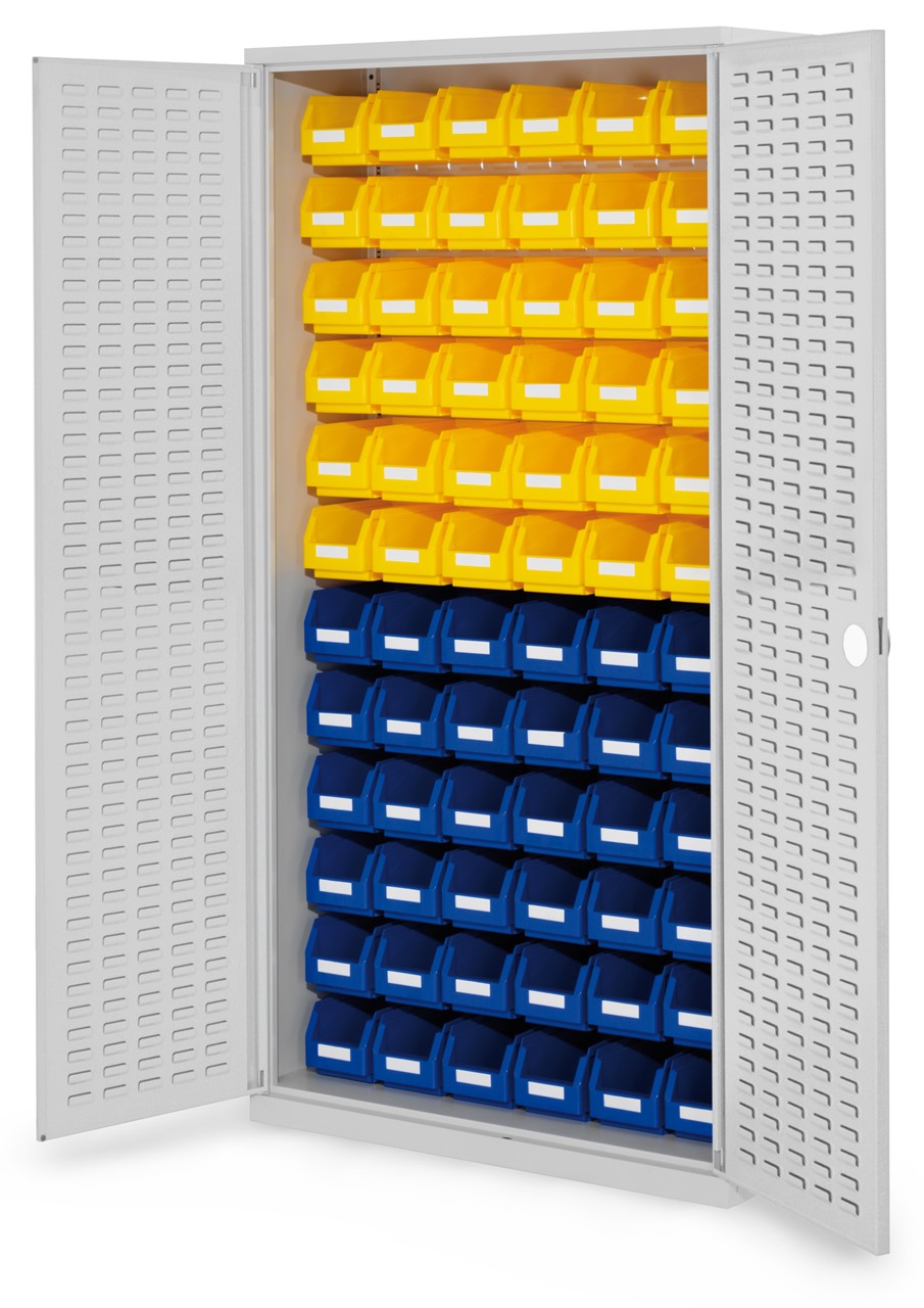 Schlitzplattenschrank mit Schlitzplattentüren, 1950x1000x410 mm HxBxT, Modell 53, Korpus RAL 7035 lichtgrau, Türen RAL 7035 lichtgrau