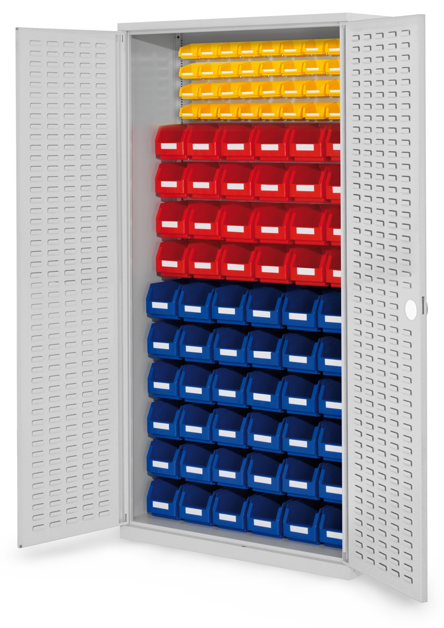 Schlitzplattenschrank mit Schlitzplattentüren, 1950x1000x410 mm HxBxT, Modell 57, Korpus RAL 7035 lichtgrau, Türen RAL 7035 lichtgrau