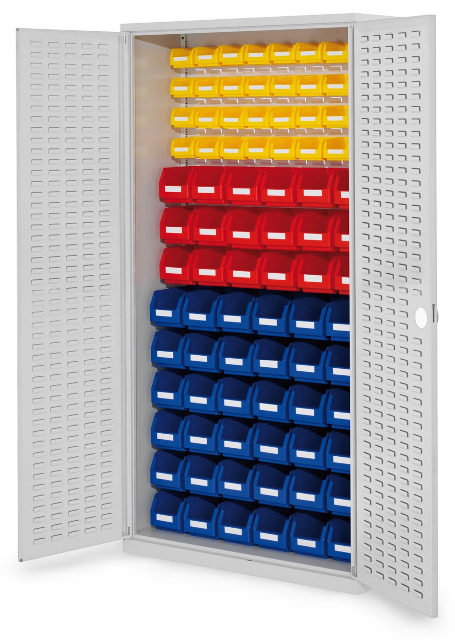 Schlitzplattenschrank mit Schlitzplattentüren, 1950x1000x410 mm HxBxT, Modell 55, Korpus RAL 7035 lichtgrau, Türen RAL 7035 lichtgrau