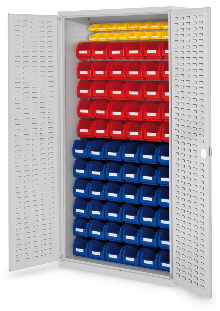 Schlitzplattenschrank mit Schlitzplattentüren, 1950x1000x410 mm HxBxT, Modell 58, Korpus RAL 7035 lichtgrau, Türen RAL 7035 lichtgrau