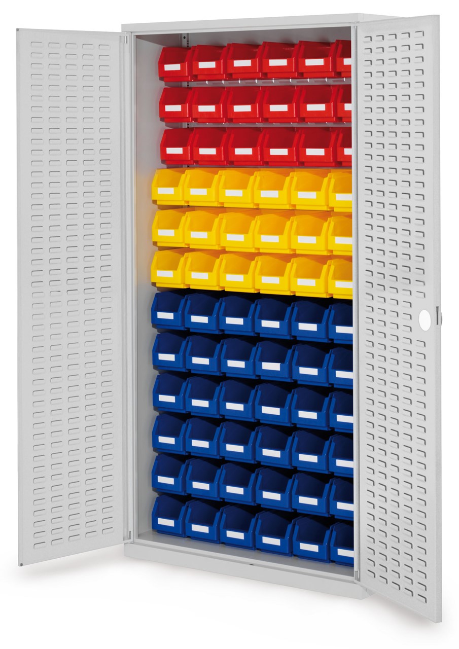 Schlitzplattenschrank mit Schlitzplattentüren, 1950x1000x410 mm HxBxT, Modell 56, Korpus RAL 7035 lichtgrau, Türen RAL 7035 lichtgrau