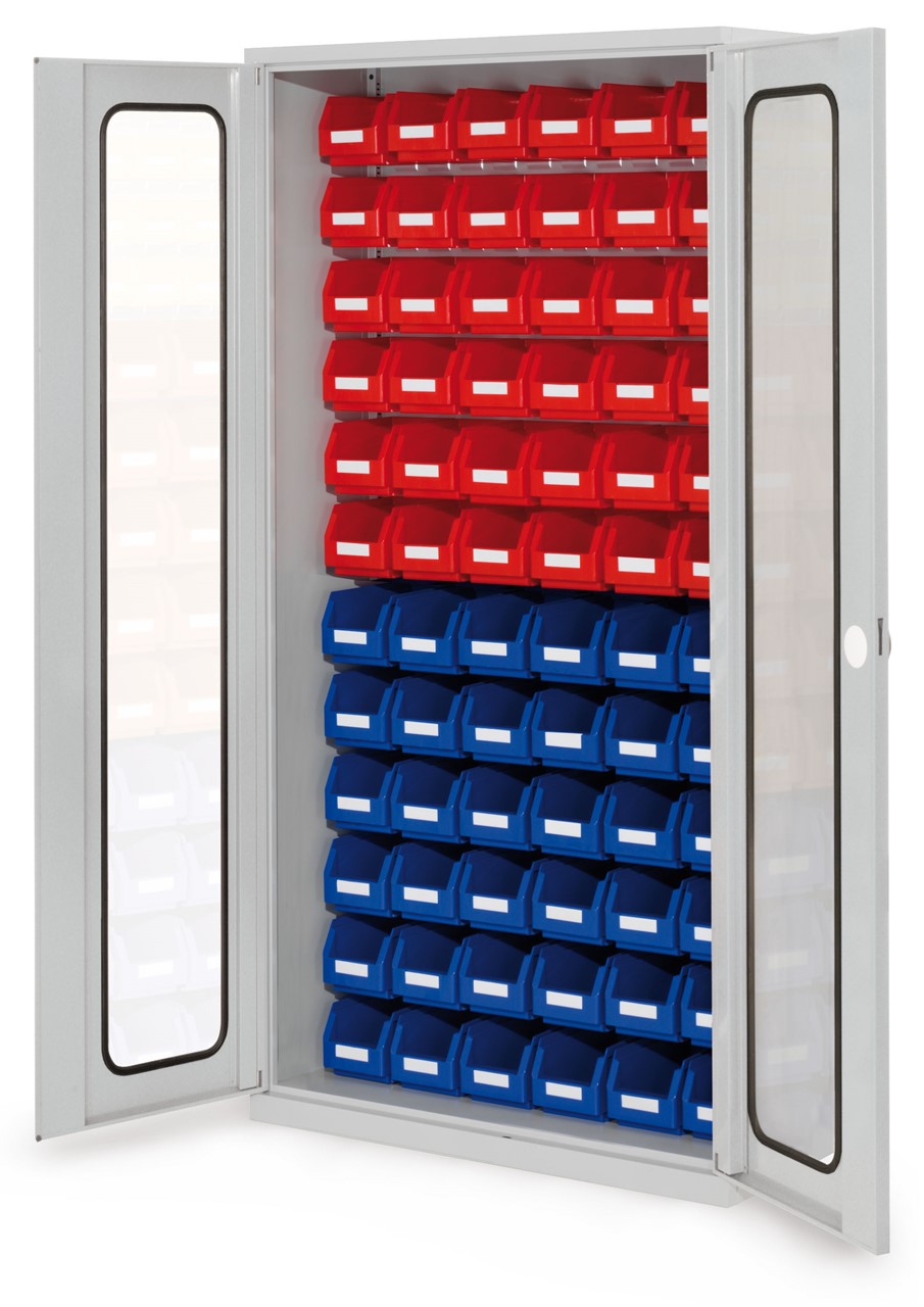 Schlitzplattenschrank mit Sichtfenstertüren, 1950x1000x410 mm HxBxT, Modell 54, Korpus RAL 7035 lichtgrau, Türen RAL 7035 lichtgrau