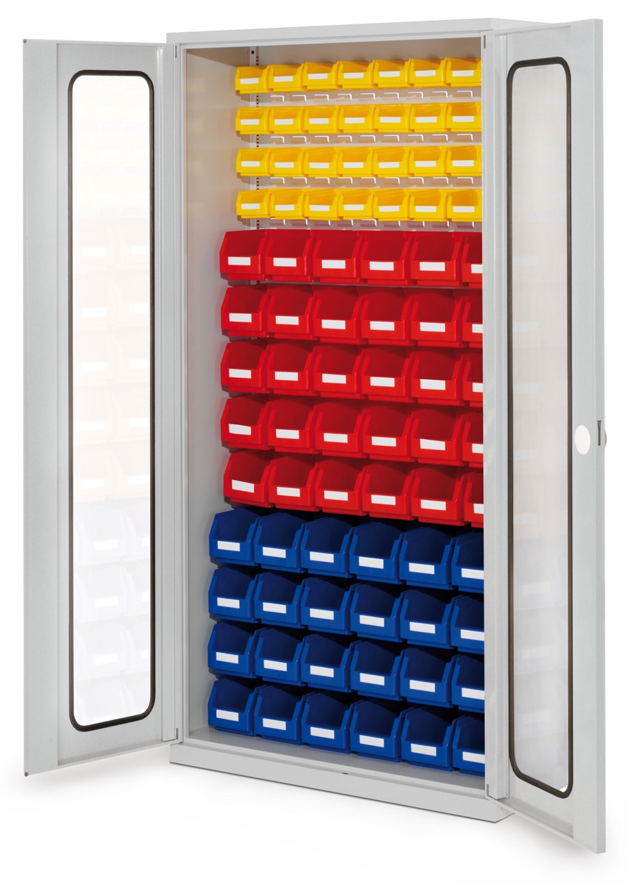 Schlitzplattenschrank mit Sichtfenstertüren, 1950x1000x410 mm HxBxT, Modell 51, Korpus RAL 7035 lichtgrau, Türen RAL 7035 lichtgrau